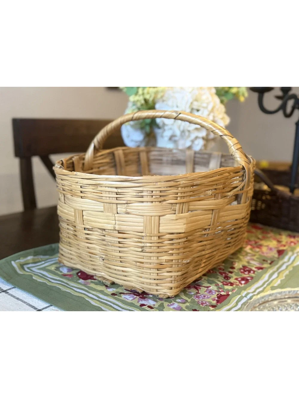 Vintage Handwoven Wicker Basket with Fixed Overhead Handle - Natural Reed/Rattan